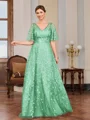 A-line V-neck Short Sleeves Appliques Lace Floor-Length Tulle Mother of the Bride Dress