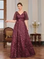 A-line V-neck Short Sleeves Appliques Lace Floor-Length Tulle Mother of the Bride Dress