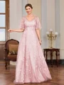 A-line V-neck Short Sleeves Appliques Lace Floor-Length Tulle Mother of the Bride Dress