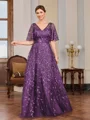 A-line V-neck Short Sleeves Appliques Lace Floor-Length Tulle Mother of the Bride Dress