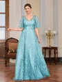 A-line V-neck Short Sleeves Appliques Lace Floor-Length Tulle Mother of the Bride Dress