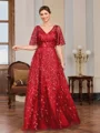 A-line V-neck Short Sleeves Appliques Lace Floor-Length Tulle Mother of the Bride Dress