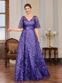 A-line V-neck Short Sleeves Appliques Lace Floor-Length Tulle Mother of the Bride Dress