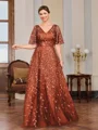 A-line V-neck Short Sleeves Appliques Lace Floor-Length Tulle Mother of the Bride Dress