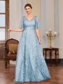 A-line V-neck Short Sleeves Appliques Lace Floor-Length Tulle Mother of the Bride Dress