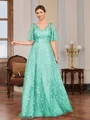 A-line V-neck Short Sleeves Appliques Lace Floor-Length Tulle Mother of the Bride Dress