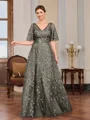 A-line V-neck Short Sleeves Appliques Lace Floor-Length Tulle Mother of the Bride Dress