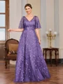 A-line V-neck Short Sleeves Appliques Lace Floor-Length Tulle Mother of the Bride Dress