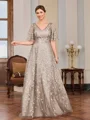 A-line V-neck Short Sleeves Appliques Lace Floor-Length Tulle Mother of the Bride Dress
