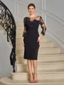 Sheath Scoop 3/4 Sleeves Appliques Lace Knee-Length Stretch Crepe Mother of the Bride Dress