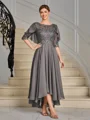 A-line Scoop 1/2 Sleeves Appliques Lace Asymmetrical Chiffon Mother of the Bride Dress