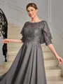 A-line Scoop 1/2 Sleeves Appliques Lace Asymmetrical Chiffon Mother of the Bride Dress