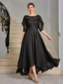 A-line Scoop 1/2 Sleeves Appliques Lace Asymmetrical Chiffon Mother of the Bride Dress