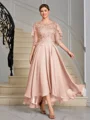 A-line Scoop 1/2 Sleeves Appliques Lace Asymmetrical Chiffon Mother of the Bride Dress
