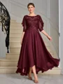 A-line Scoop 1/2 Sleeves Appliques Lace Asymmetrical Chiffon Mother of the Bride Dress