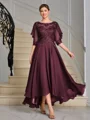 A-line Scoop 1/2 Sleeves Appliques Lace Asymmetrical Chiffon Mother of the Bride Dress