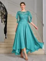 A-line Scoop 1/2 Sleeves Appliques Lace Asymmetrical Chiffon Mother of the Bride Dress