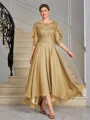 A-line Scoop 1/2 Sleeves Appliques Lace Asymmetrical Chiffon Mother of the Bride Dress