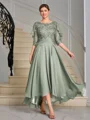 A-line Scoop 1/2 Sleeves Appliques Lace Asymmetrical Chiffon Mother of the Bride Dress