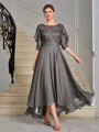 A-line Scoop 1/2 Sleeves Appliques Lace Asymmetrical Chiffon Mother of the Bride Dress