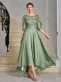 A-line Scoop 1/2 Sleeves Appliques Lace Asymmetrical Chiffon Mother of the Bride Dress