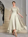 A-line Scoop 1/2 Sleeves Appliques Lace Asymmetrical Chiffon Mother of the Bride Dress