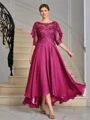 A-line Scoop 1/2 Sleeves Appliques Lace Asymmetrical Chiffon Mother of the Bride Dress