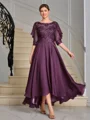 A-line Scoop 1/2 Sleeves Appliques Lace Asymmetrical Chiffon Mother of the Bride Dress