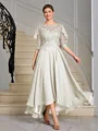 A-line Scoop 1/2 Sleeves Appliques Lace Asymmetrical Chiffon Mother of the Bride Dress