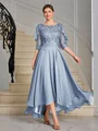 A-line Scoop 1/2 Sleeves Appliques Lace Asymmetrical Chiffon Mother of the Bride Dress