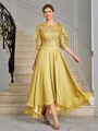 A-line Scoop 1/2 Sleeves Appliques Lace Asymmetrical Chiffon Mother of the Bride Dress