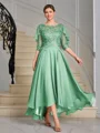 A-line Scoop 1/2 Sleeves Appliques Lace Asymmetrical Chiffon Mother of the Bride Dress