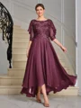 A-line Scoop 1/2 Sleeves Appliques Lace Asymmetrical Chiffon Mother of the Bride Dress