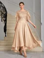 A-line Scoop 1/2 Sleeves Appliques Lace Asymmetrical Chiffon Mother of the Bride Dress