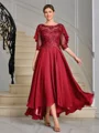 A-line Scoop 1/2 Sleeves Appliques Lace Asymmetrical Chiffon Mother of the Bride Dress