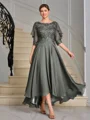 A-line Scoop 1/2 Sleeves Appliques Lace Asymmetrical Chiffon Mother of the Bride Dress