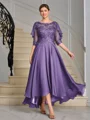 A-line Scoop 1/2 Sleeves Appliques Lace Asymmetrical Chiffon Mother of the Bride Dress