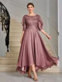 A-line Scoop 1/2 Sleeves Appliques Lace Asymmetrical Chiffon Mother of the Bride Dress