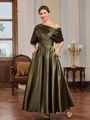 A-line Short Sleeves Pleated Ankle-Length Silk Like Satin Mother of the Bride Dress