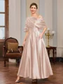 A-line Short Sleeves Pleated Ankle-Length Silk Like Satin Mother of the Bride Dress