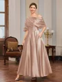 A-line Short Sleeves Pleated Ankle-Length Silk Like Satin Mother of the Bride Dress