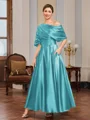 A-line Short Sleeves Pleated Ankle-Length Silk Like Satin Mother of the Bride Dress