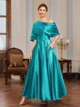 A-line Short Sleeves Pleated Ankle-Length Silk Like Satin Mother of the Bride Dress