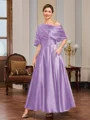 A-line Short Sleeves Pleated Ankle-Length Silk Like Satin Mother of the Bride Dress