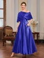 A-line Short Sleeves Pleated Ankle-Length Silk Like Satin Mother of the Bride Dress