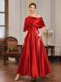 A-line Short Sleeves Pleated Ankle-Length Silk Like Satin Mother of the Bride Dress