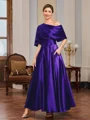 A-line Short Sleeves Pleated Ankle-Length Silk Like Satin Mother of the Bride Dress