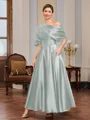 A-line Short Sleeves Pleated Ankle-Length Silk Like Satin Mother of the Bride Dress