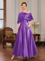 A-line Short Sleeves Pleated Ankle-Length Silk Like Satin Mother of the Bride Dress