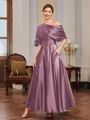 A-line Short Sleeves Pleated Ankle-Length Silk Like Satin Mother of the Bride Dress